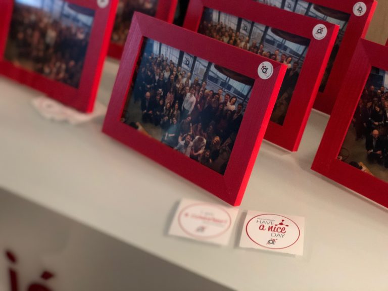 a group of red frames on a table