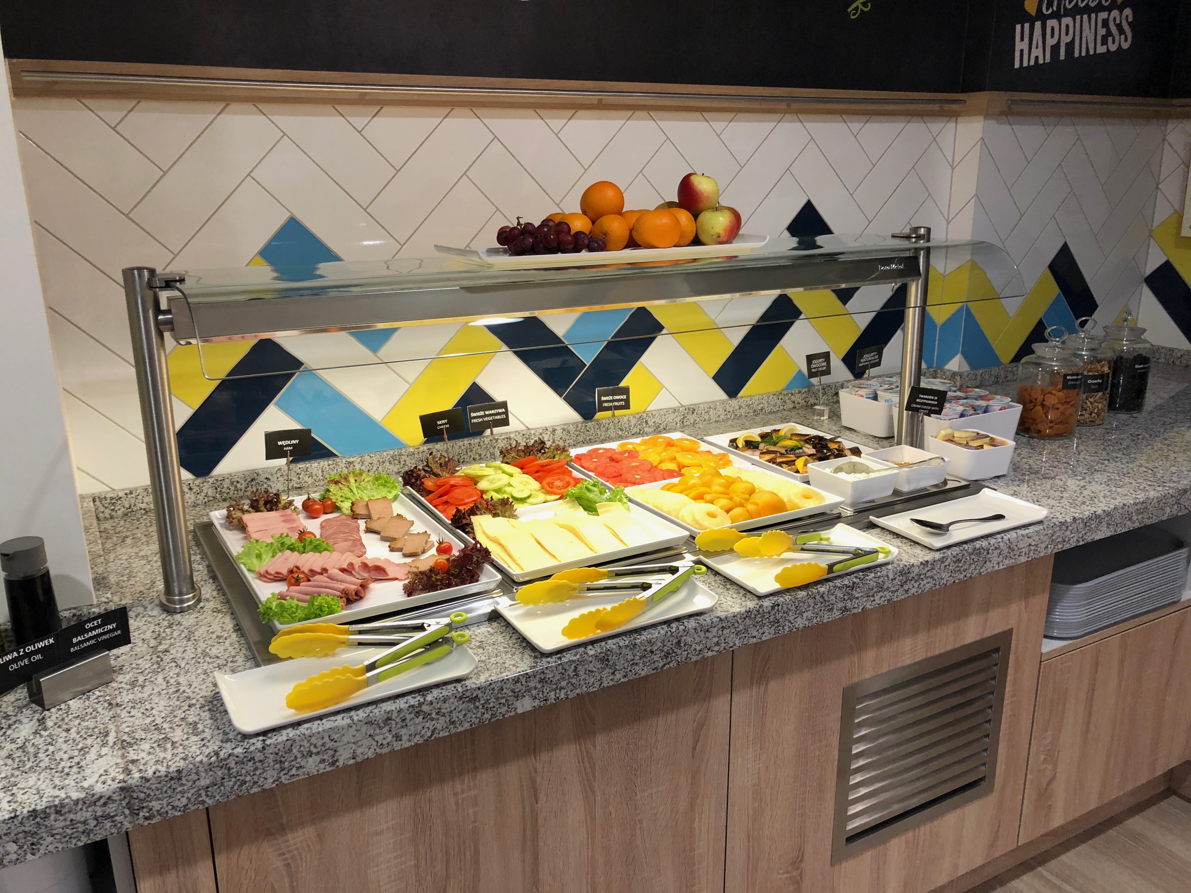 a buffet with food on the counter