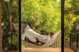 a man lying in a hammock with a laptop