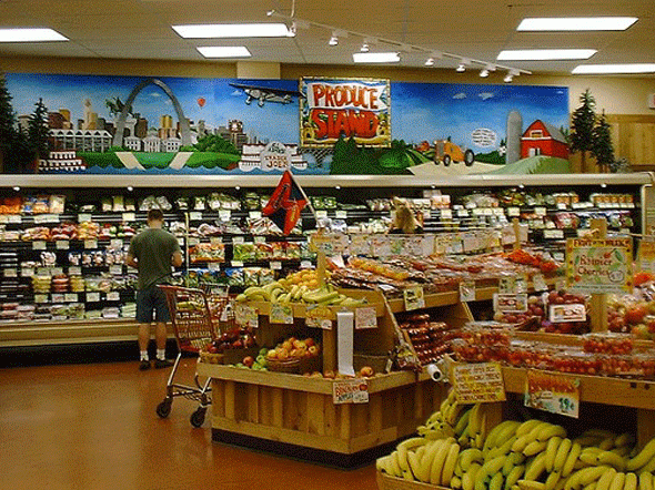 a grocery store with fruits and vegetables