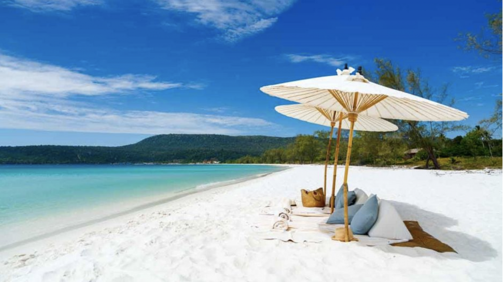 a beach with umbrellas and chairs