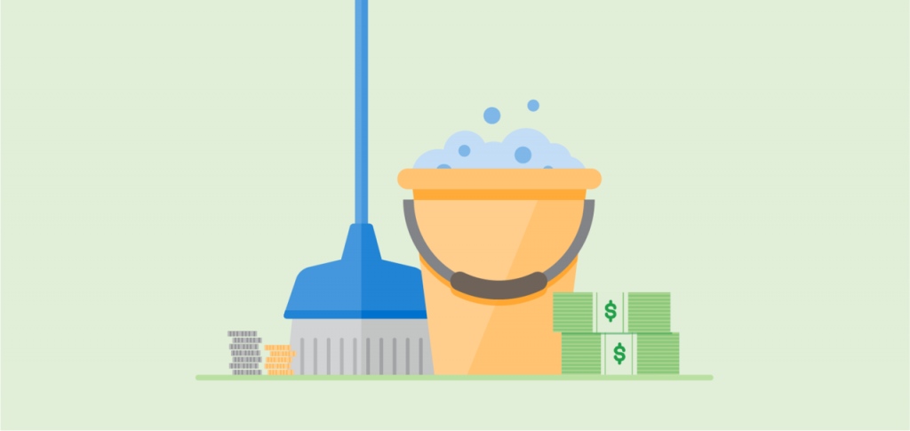 a bucket and mop with money