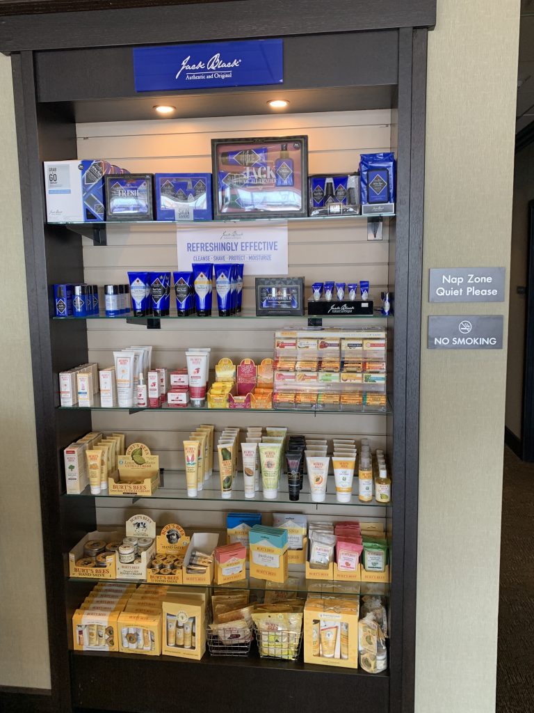 a shelf with various products on it