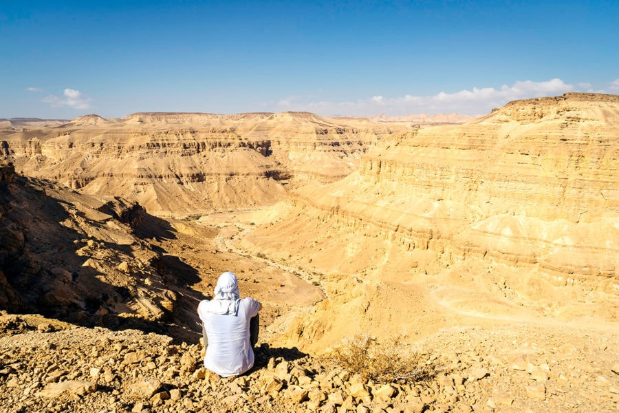 a person sitting on a rocky hill looking at a canyon