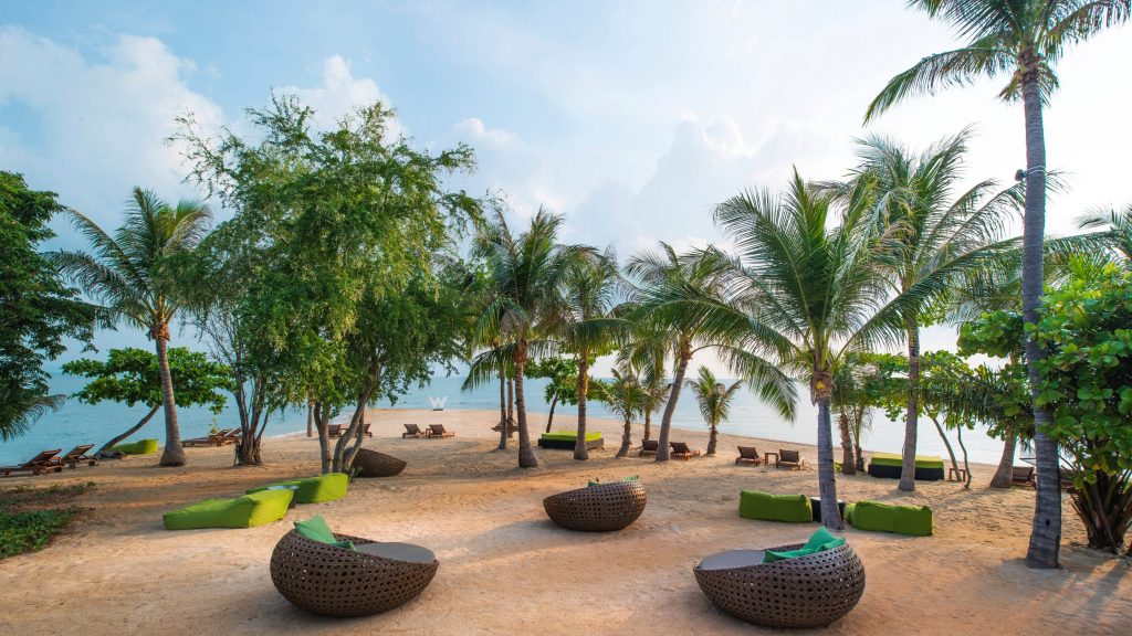 a beach with chairs and trees