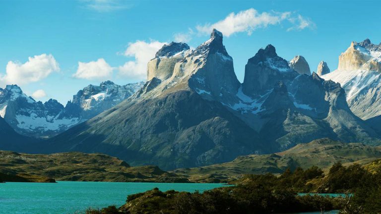 Torres del Paine National Park range with snow on top