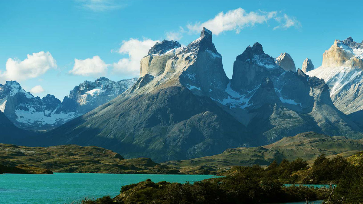 Torres del Paine National Park range with snow on top