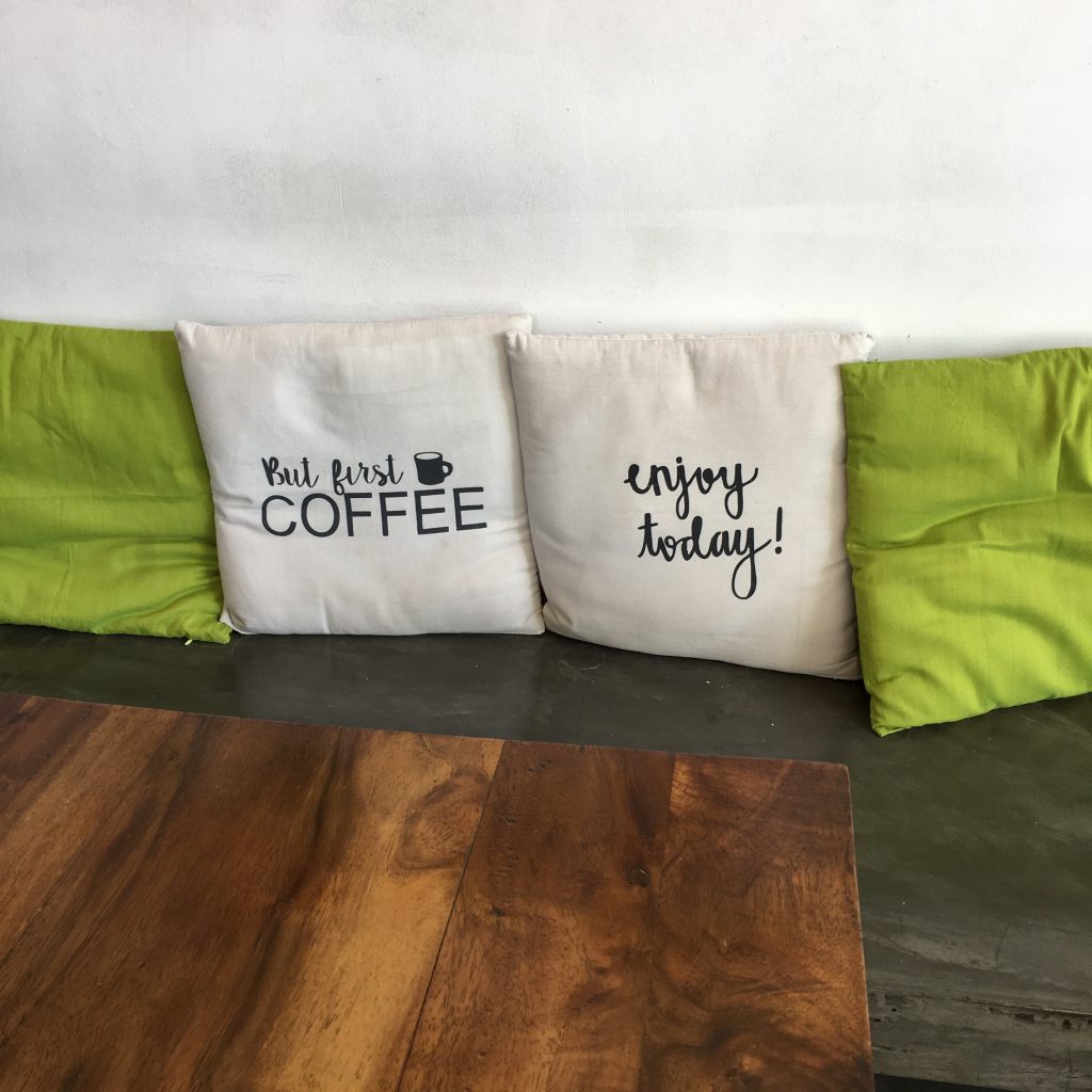 a group of pillows on a table