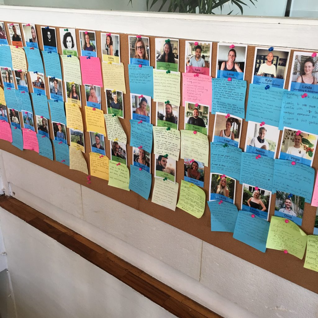 a bulletin board with pictures of people