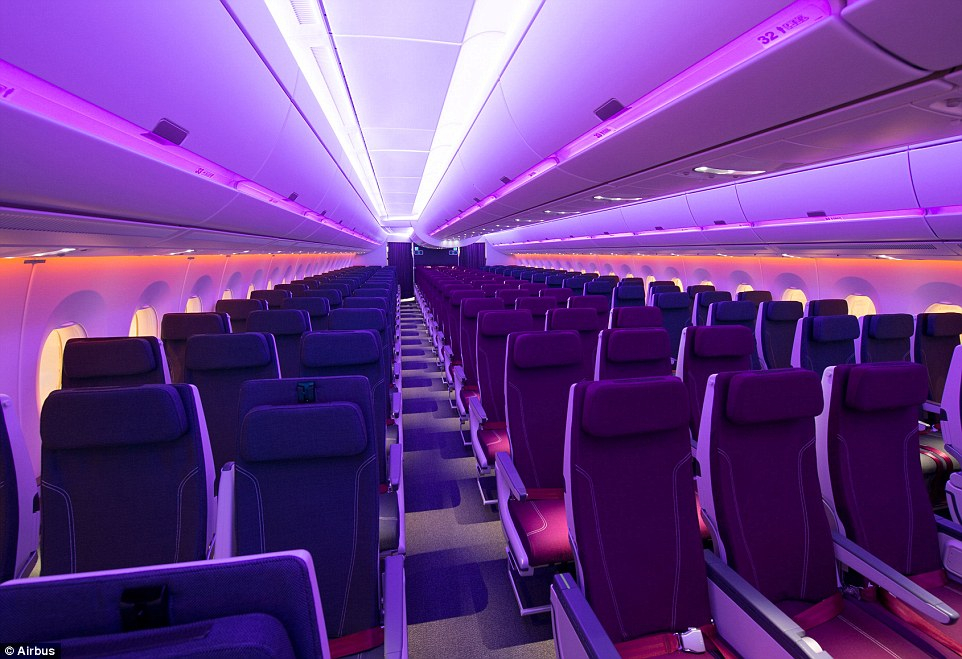 an airplane with purple seats