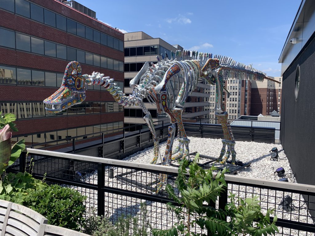 a dinosaur skeleton on a roof