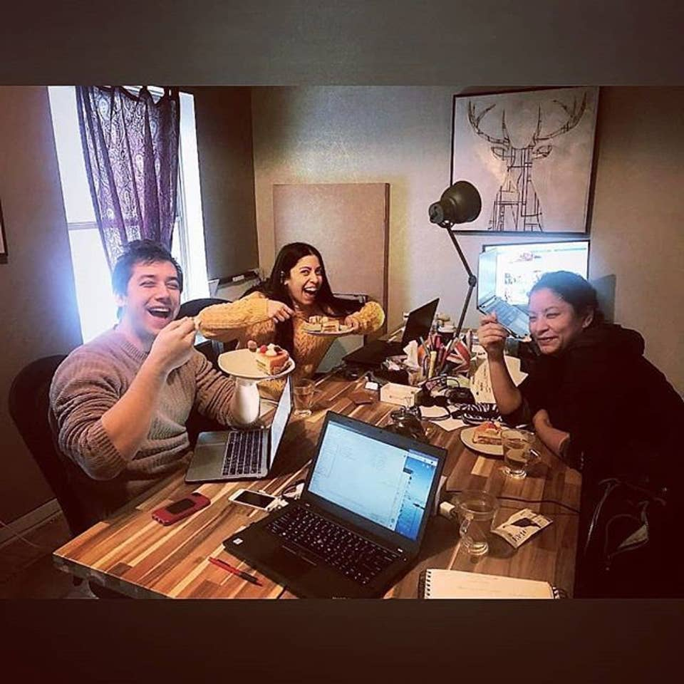 a group of people eating at a table