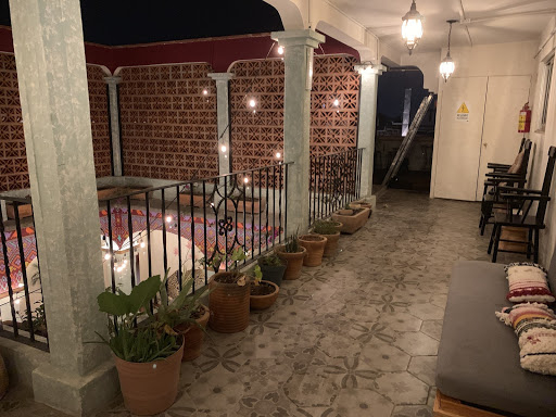 a hallway with a railing and plants