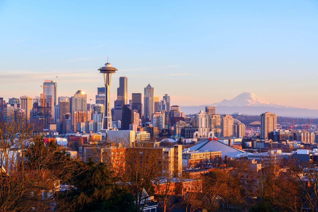 a city with a mountain in the background