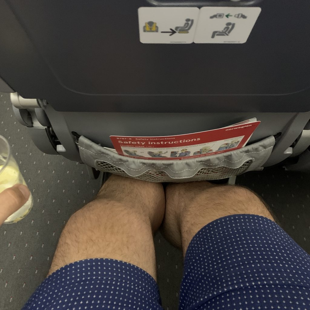 a person's legs in shorts on an airplane
