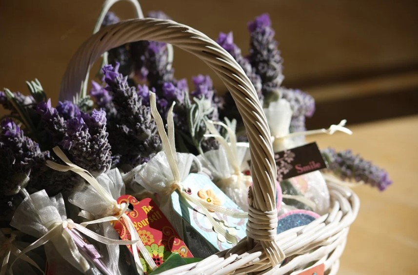 a basket with lavender flowers
