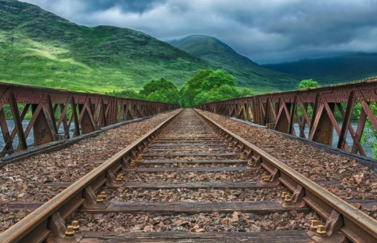 train tracks leading to a body of water