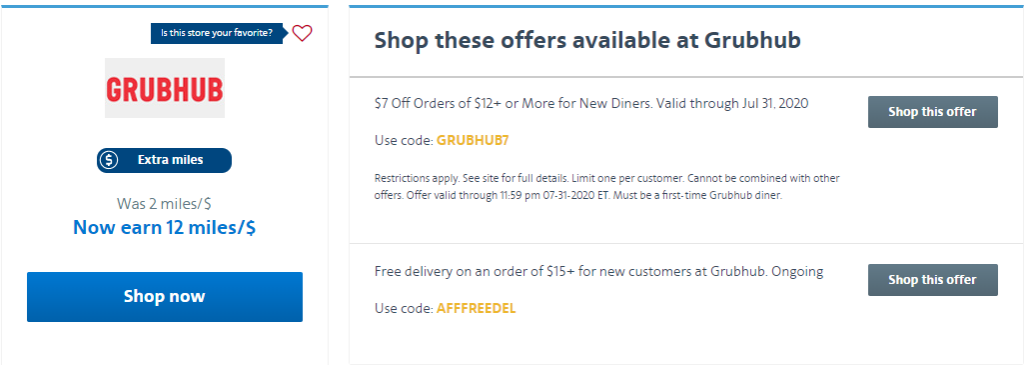 Grubhub AAdvantage eShopping portal offer: 12 miles per dollar