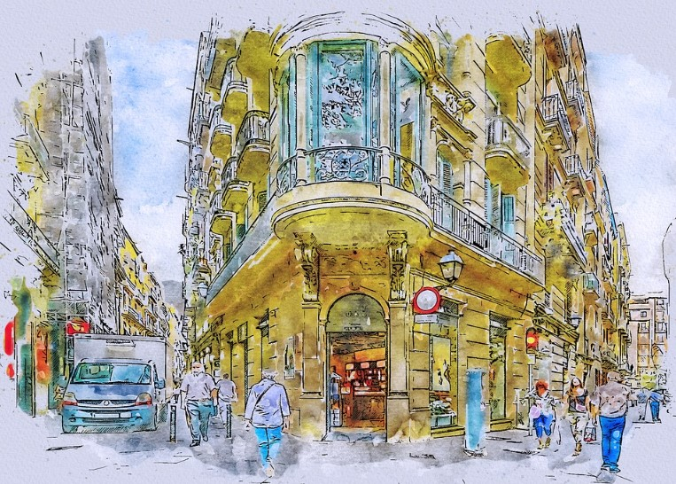 sketch of tourists in Barcelona