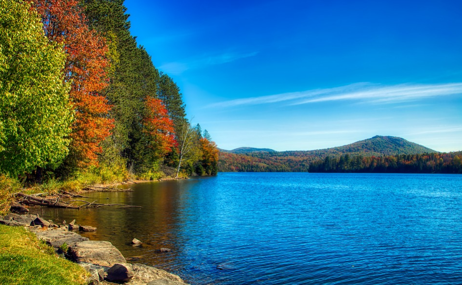 a lake with trees and mountains in the background